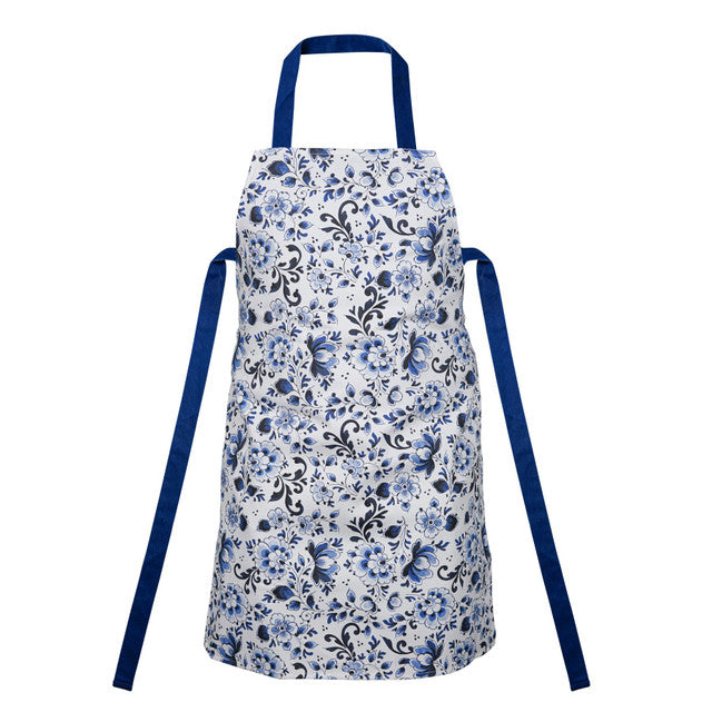 Heinen Delfst Blauw keukenschort Bloemen wit 60 x 80 cm